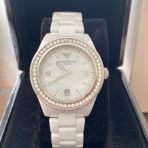 White ceramic and crystal Emporio Armani watch.